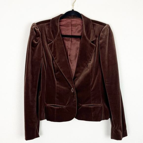 Vintage 80s Tailored Blazer Short Waist Brown Velvet One Button Preppy Academia - Picture 2 of 7